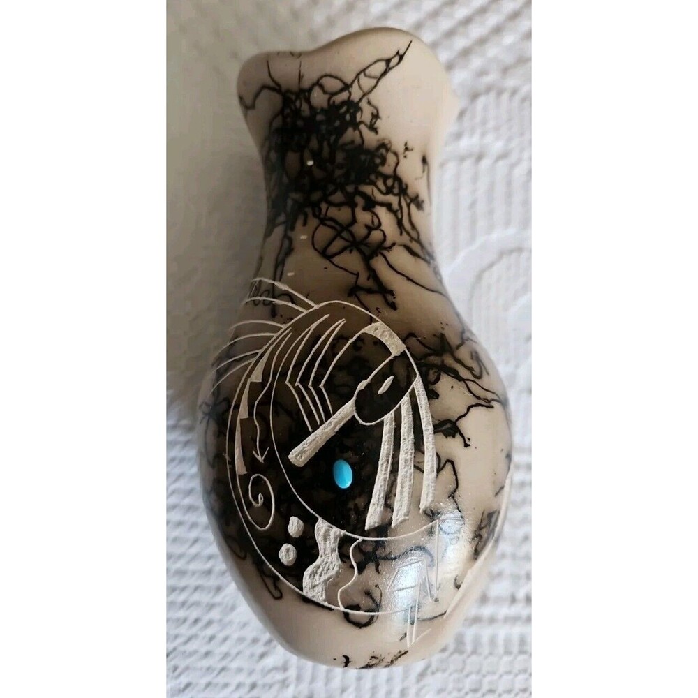 Vintage Navajo Horsehair Etched Pottery Vase Signed Numbered 6" Handmade
